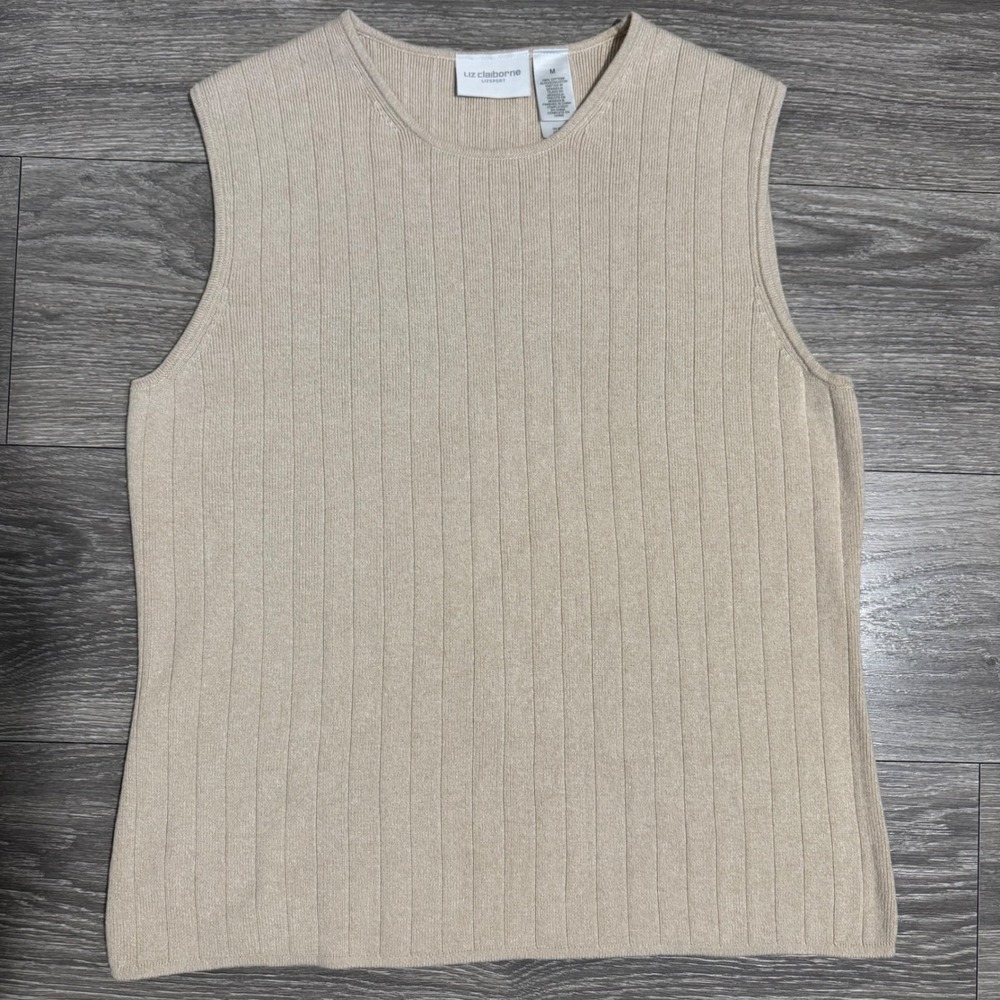 Cotton Liz Claiborne Sport Old Money Beige Ribbed Knit Tank Top Shell Size M